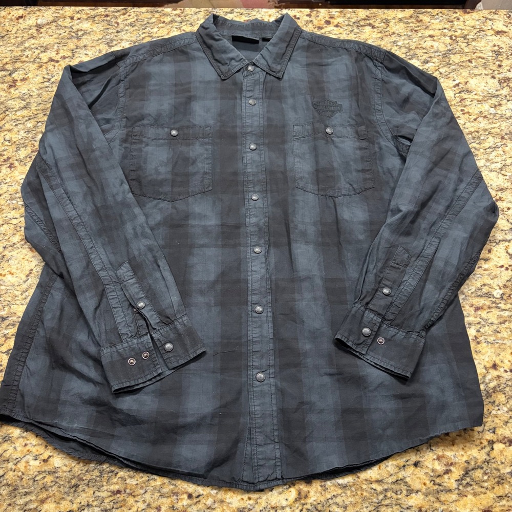 Harley Davidson Mens 2XL Black Plaid Long Sleeve Snap Button Down Shirt Logo ws